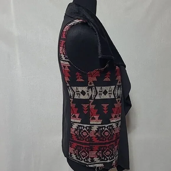 Anama Open Front Vest Women's Size Small Aztec Print Black Red Tan soft Collar - Picture 4 of 9